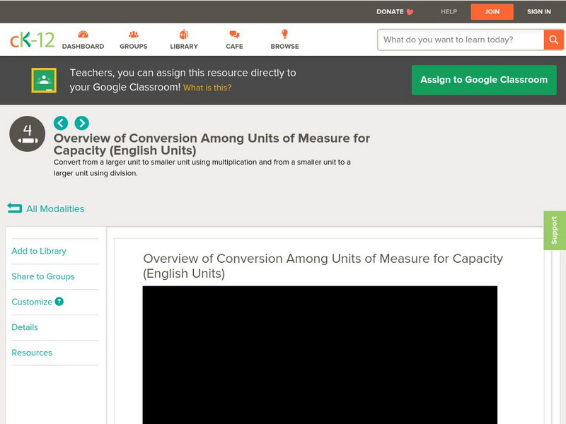 Ck 12: Elem Math: Overview of Conversion Among Units of Measure for Capacity Instructional Video Ck 12: Elem Math: Overview of Conversion Among Units of Measure for Capacity Instructional Video