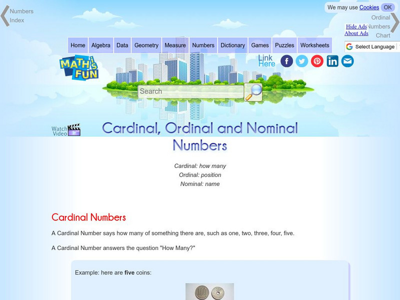 Math Is Fun: Cardinal, Ordinal and Nominal Numbers Handout Math Is Fun: Cardinal, Ordinal and Nominal Numbers Handout