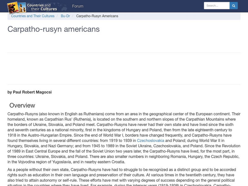 Countries and Their Cultures: Multicultural America: Carpatho Rusyn Americans Handout Countries and Their Cultures: Multicultural America: Carpatho Rusyn Americans Handout