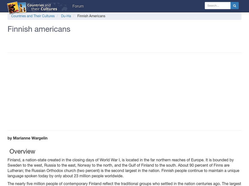 Countries and Their Cultures: Multicultural America: Finnish Americans Handout Countries and Their Cultures: Multicultural America: Finnish Americans Handout