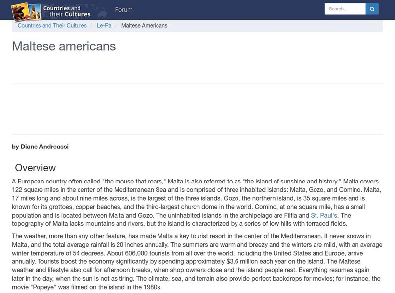 Countries and Their Cultures: Multicultural America: Maltese Americans Handout Countries and Their Cultures: Multicultural America: Maltese Americans Handout
