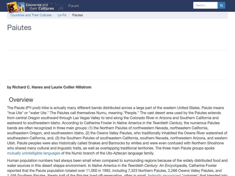 Countries and Their Cultures: Multicultural America: Paiutes Handout Countries and Their Cultures: Multicultural America: Paiutes Handout