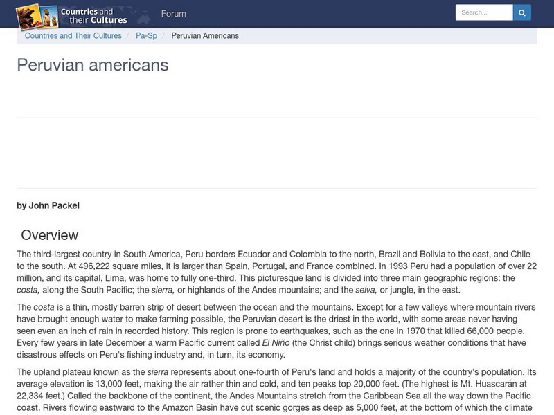 Countries and Their Cultures: Multicultural America: Peruvian Americans Handout