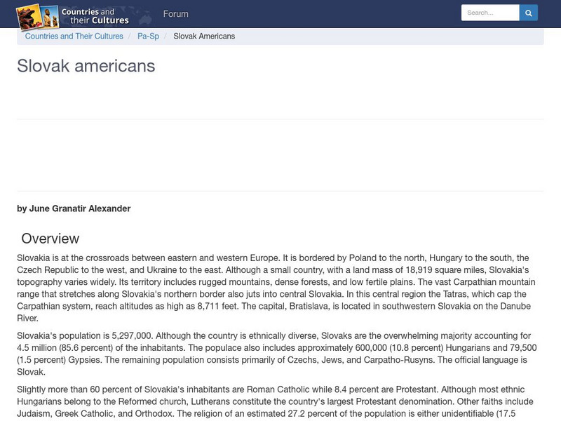 Countries and Their Cultures: Multicultural America: Slovak Americans Handout Countries and Their Cultures: Multicultural America: Slovak Americans Handout