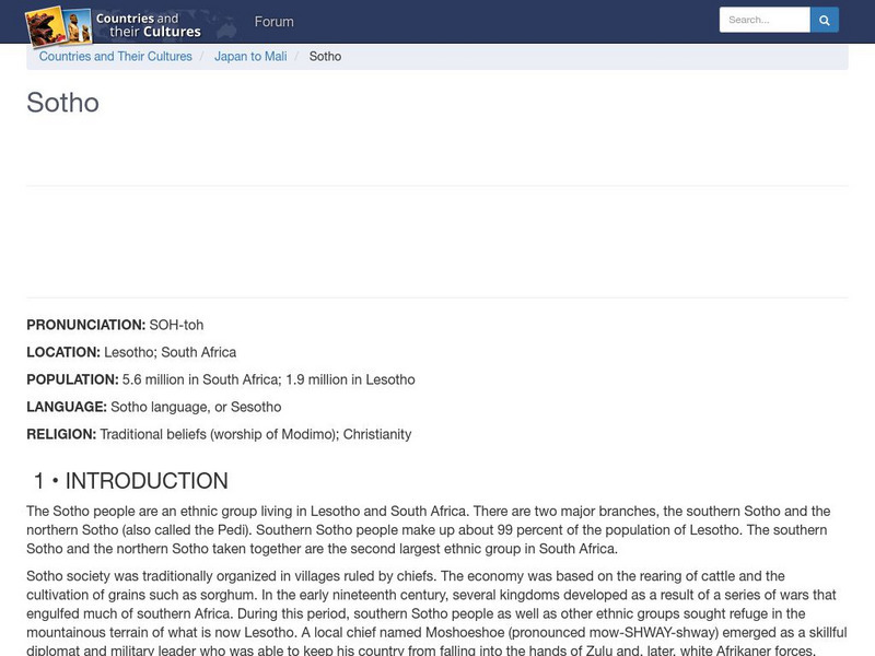 Countries and Their Cultures: Sotho Handout Countries and Their Cultures: Sotho Handout