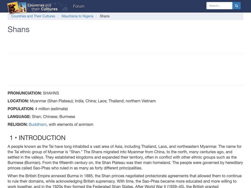 Countries and Their Cultures: Shans Handout Countries and Their Cultures: Shans Handout