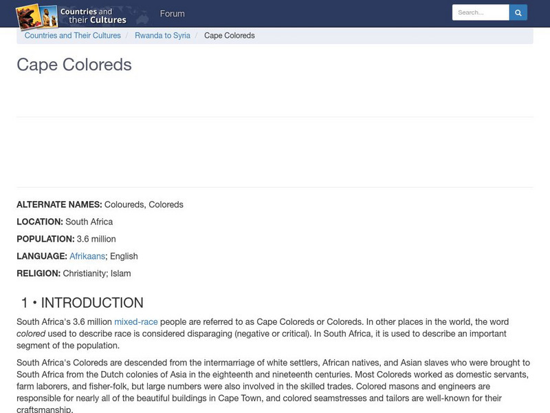 Countries and Their Cultures: Cape Coloreds Handout Countries and Their Cultures: Cape Coloreds Handout