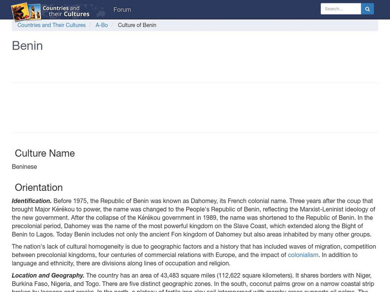 Countries and Their Cultures: Benin Handout Countries and Their Cultures: Benin Handout
