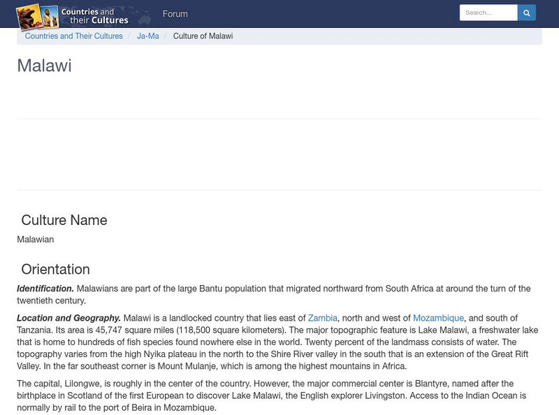 Countries and Their Cultures: Malawi Handout Countries and Their Cultures: Malawi Handout