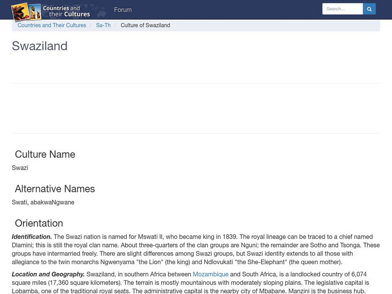 Countries and Their Cultures: Swaziland Handout Countries and Their Cultures: Swaziland Handout