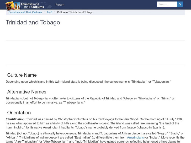 Countries and Their Cultures: Trinidad and Tobago Handout Countries and Their Cultures: Trinidad and Tobago Handout
