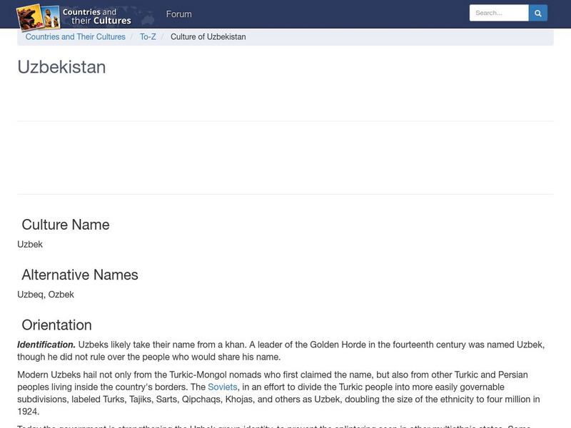 Countries and Their Cultures: Uzbekistan Handout Countries and Their Cultures: Uzbekistan Handout