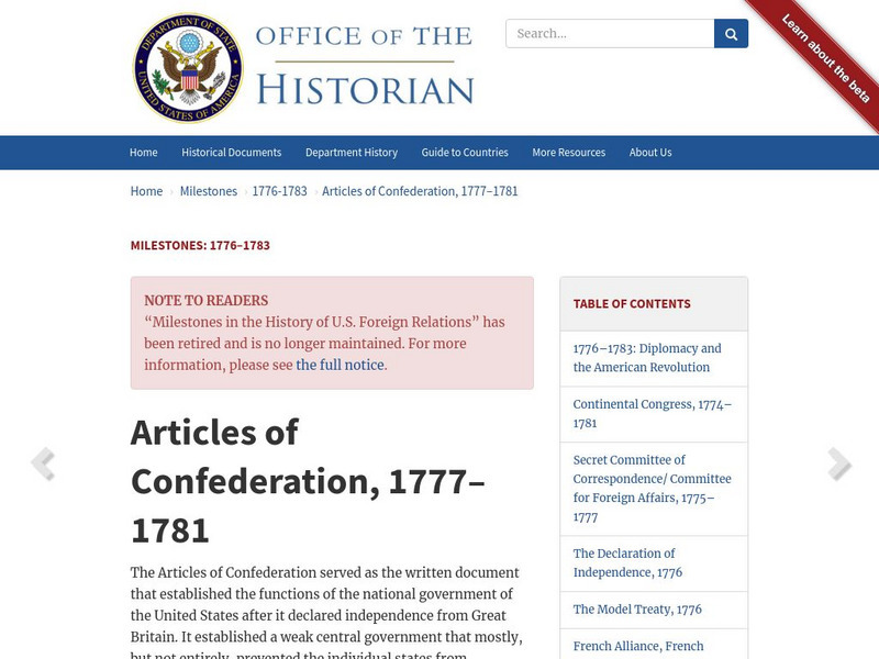 Office of the Historian: Articles of Confederation Website Office of the Historian: Articles of Confederation Website