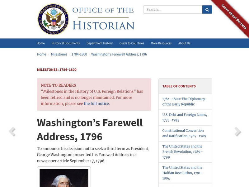 Office of the Historian: Washington's Farewell Address Website Office of the Historian: Washington's Farewell Address Website