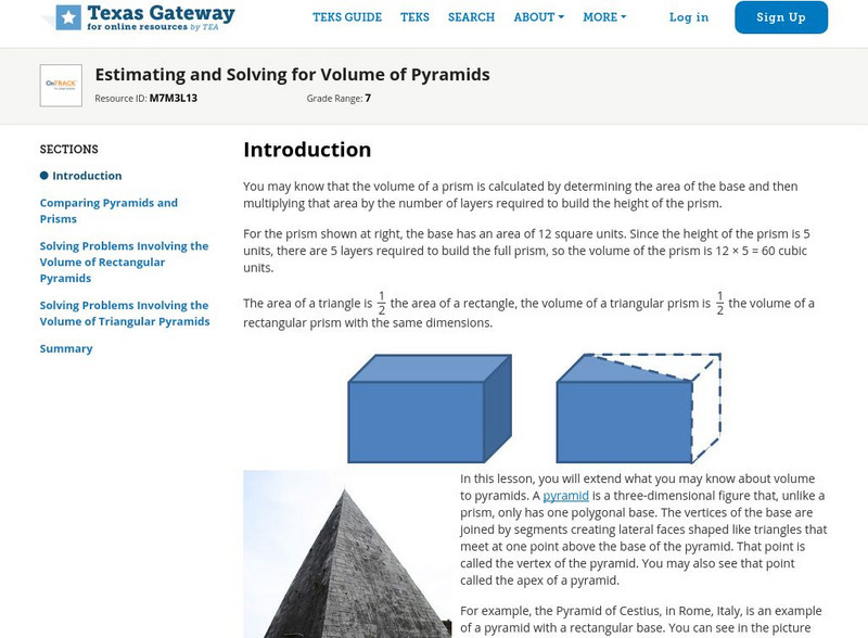 Texas Gateway: Estimating and Solving for Volume of Pyramids Unit Plan
