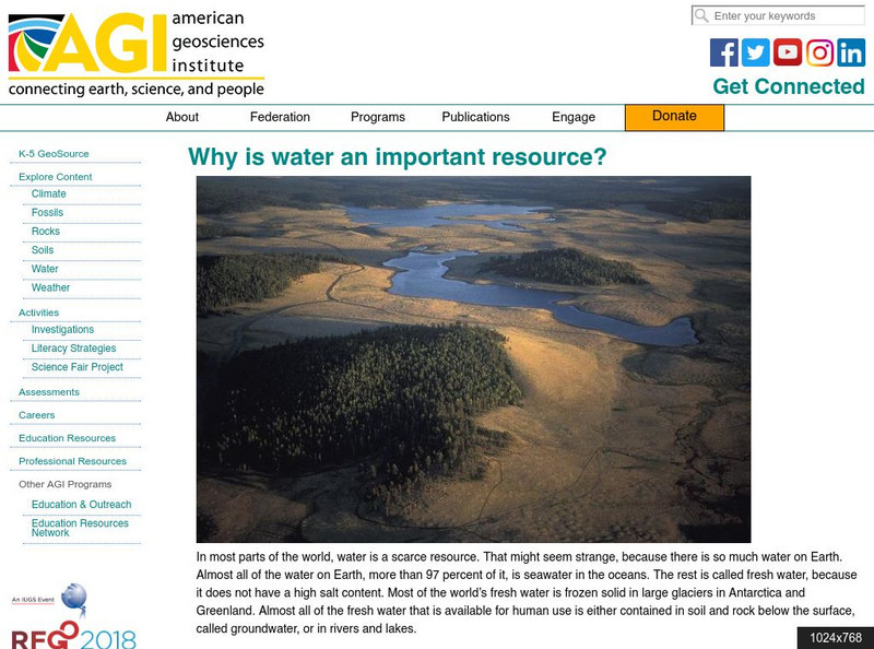 American Geosciences Institute: Why Is Water an Important Resource? Article American Geosciences Institute: Why Is Water an Important Resource? Article