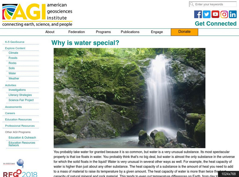 American Geosciences Institute: Why Is Water Special? Article