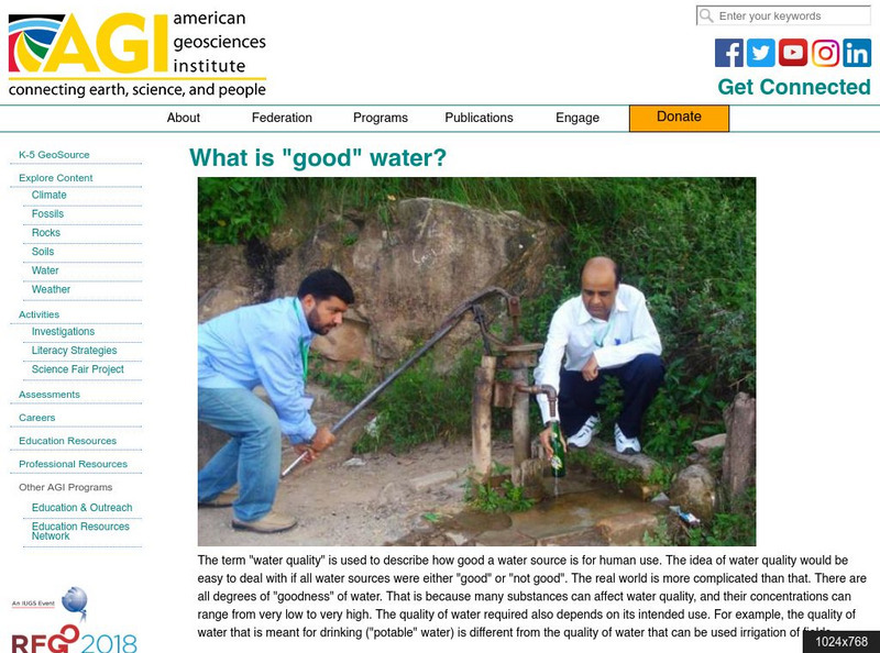American Geosciences Institute: What Is Good Water? Article American Geosciences Institute: What Is Good Water? Article