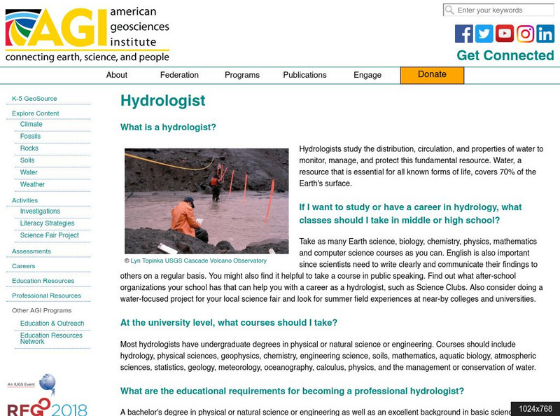 American Geosciences Institute: Careers: Hydrologist Article