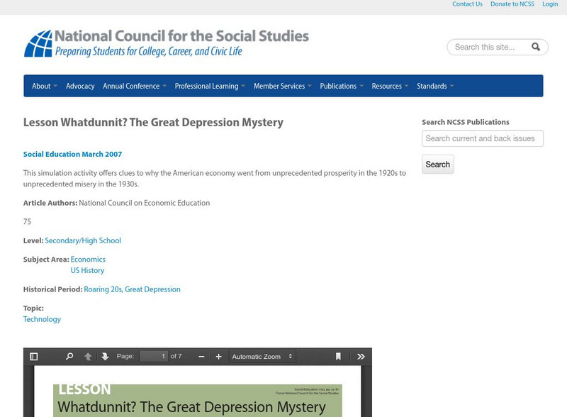National Council for the Social Studies: The Great Depression Mystery Lesson Plan National Council for the Social Studies: The Great Depression Mystery Lesson Plan