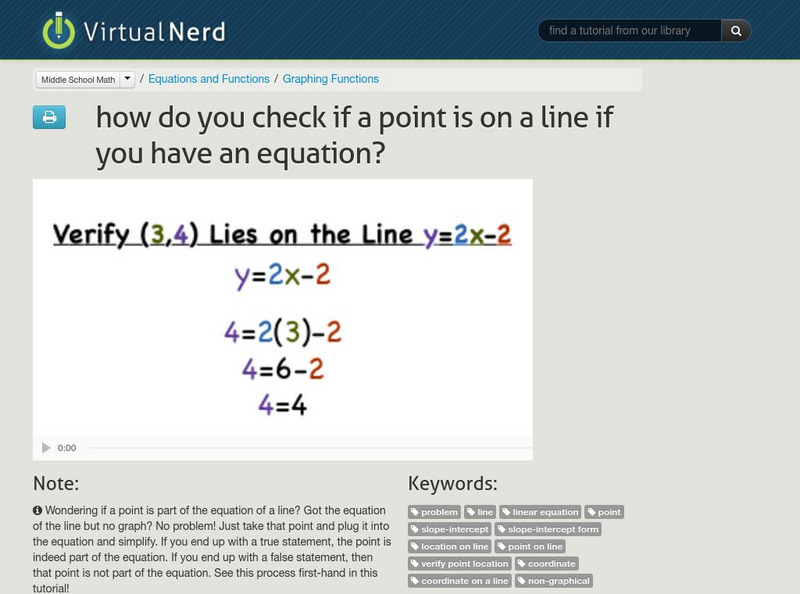 Virtual Nerd: How Do You Check if a Point Is on a Line if You Have an Equation Instructional Video Virtual Nerd: How Do You Check if a Point Is on a Line if You Have an Equation Instructional Video