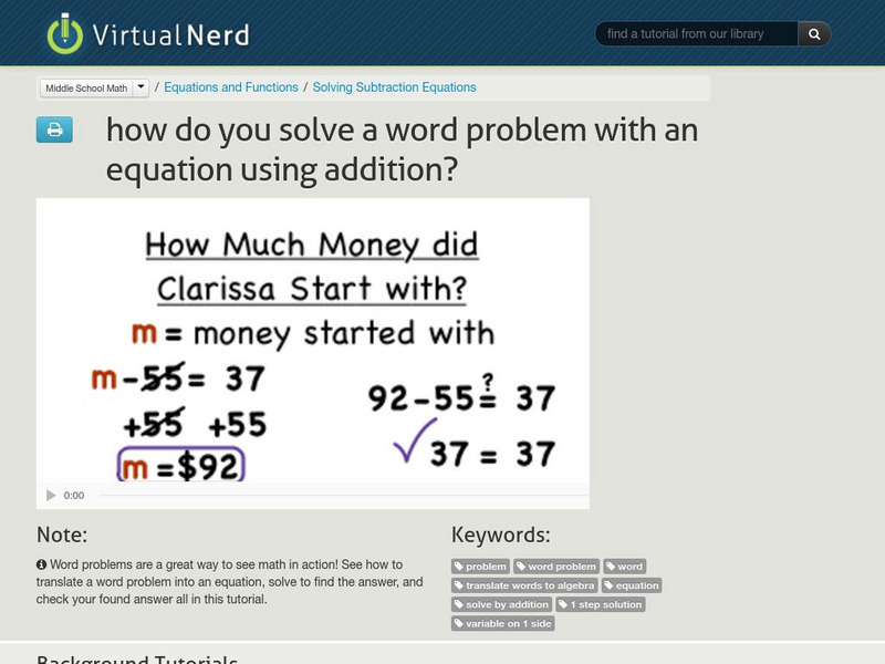 Virtual Nerd: How Do You Solve a Word Problem With an Equation/addition? Instructional Video