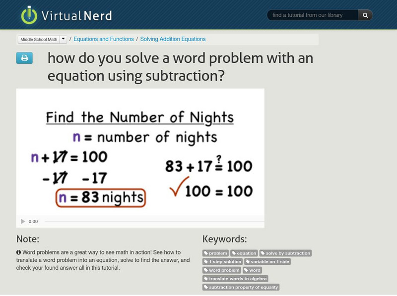 Virtual Nerd: How Do You Solve a Word Problem With an Equation/subtraction? Instructional Video