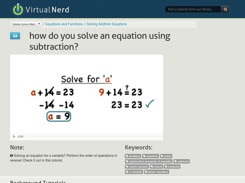 Virtual Nerd: How Do You Solve an Equations Using Subtraction? Instructional Video