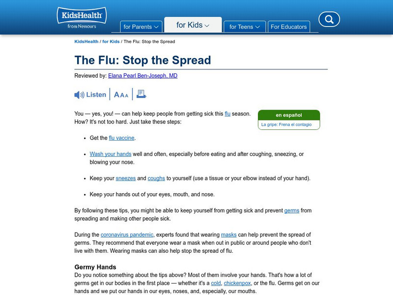 Kids Health: The Flu: Stop the Spread Handout Kids Health: The Flu: Stop the Spread Handout