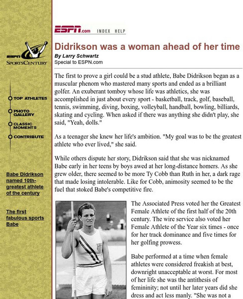 Espn: Didrikson Was a Woman Ahead of Her Time Article Espn: Didrikson Was a Woman Ahead of Her Time Article