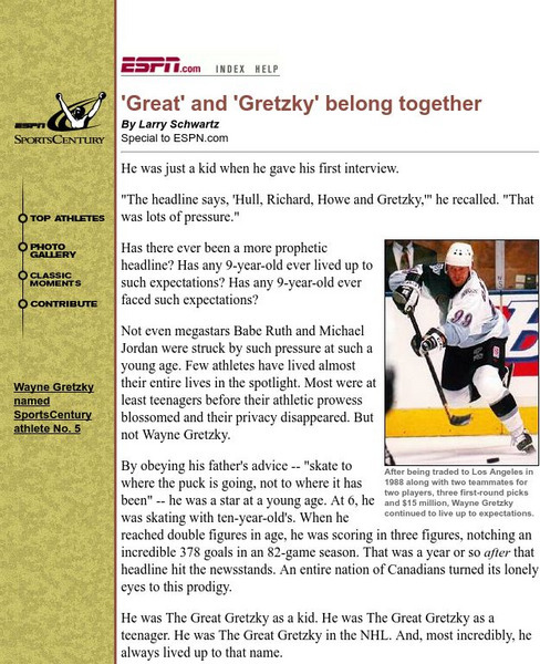 Espn: 'Great' and 'Gretzky' Belong Together Handout Espn: 'Great' and 'Gretzky' Belong Together Handout