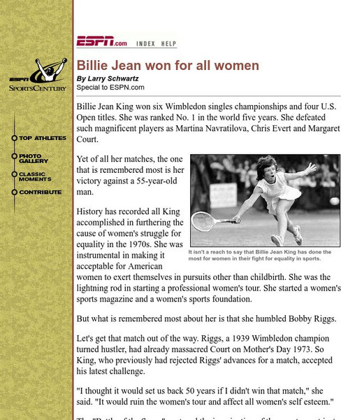 Espn: Billie Jean Won for All Women Article Espn: Billie Jean Won for All Women Article