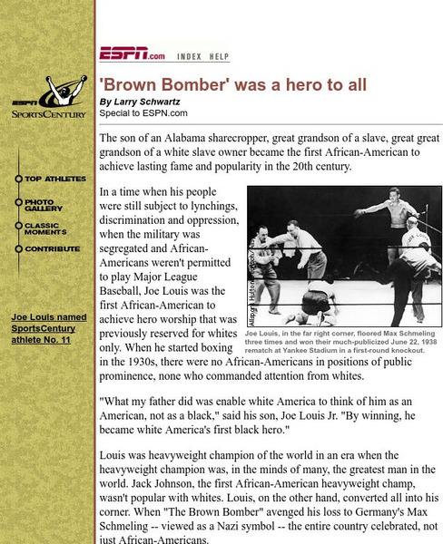 Espn: Brown Bomber' Was a Hero to All Handout Espn: Brown Bomber' Was a Hero to All Handout