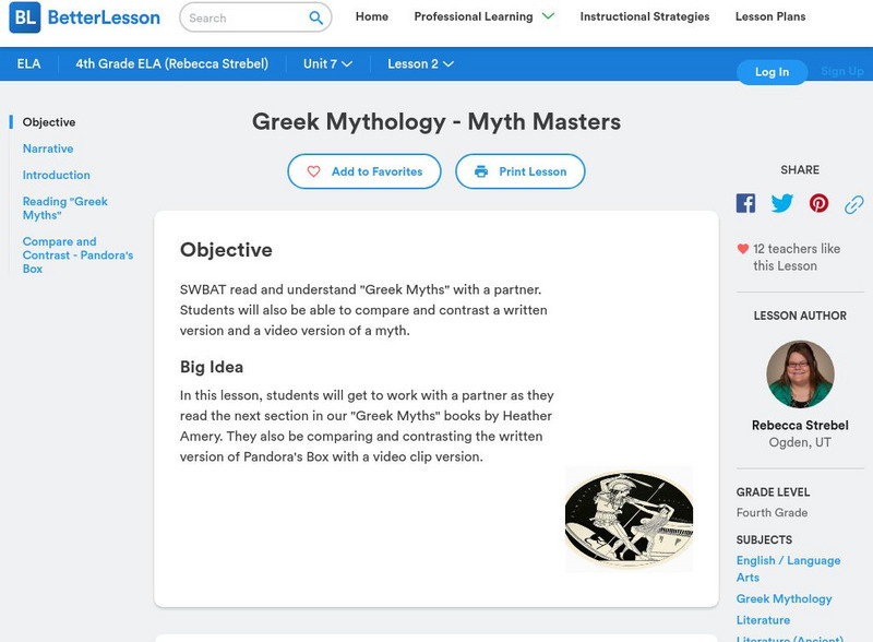 Better Lesson: Greek Mythology Myth Masters Lesson Plan Better Lesson: Greek Mythology Myth Masters Lesson Plan