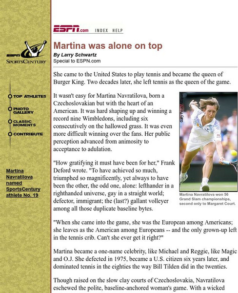Espn: Martina Was Alone on Top Article