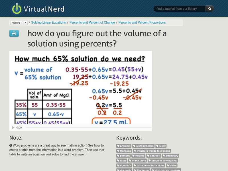 Virtual Nerd: How Do You Figure Out the Volume of a Solution Using Percents? Instructional Video Virtual Nerd: How Do You Figure Out the Volume of a Solution Using Percents? Instructional Video
