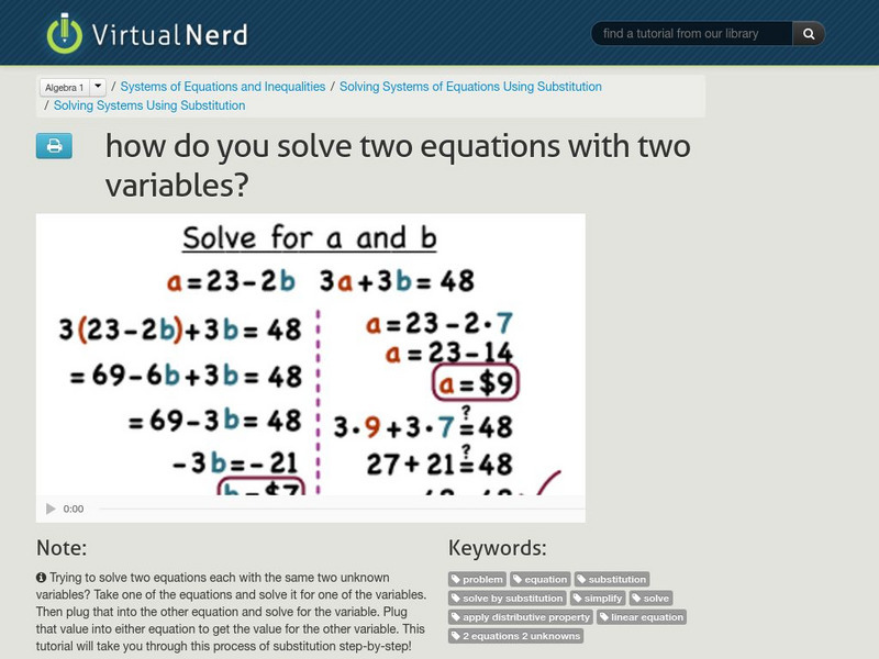 Virtual Nerd: How Do You Solve Two Equations With Two Variables? Instructional Video Virtual Nerd: How Do You Solve Two Equations With Two Variables? Instructional Video