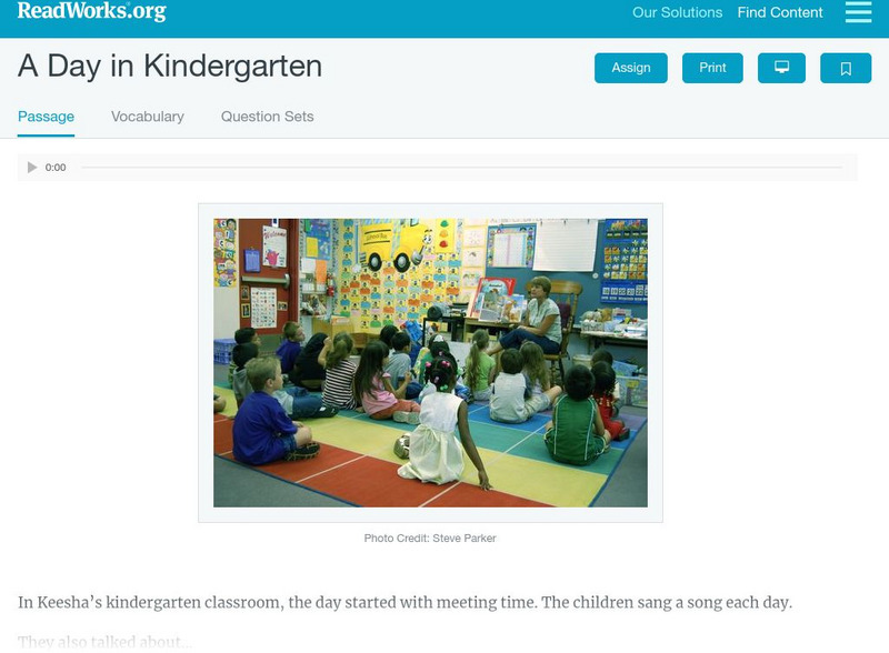 Read Works: A Day in Kindergarten Activity Read Works: A Day in Kindergarten Activity