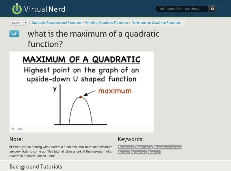 Virtual Nerd: Algebra 2: What Is the Maximum of a Quadratic Function? Instructional Video