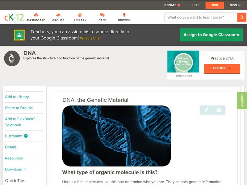 Ck 12: Biology: Dna, the Genetic Material Unit Plan Ck 12: Biology: Dna, the Genetic Material Unit Plan