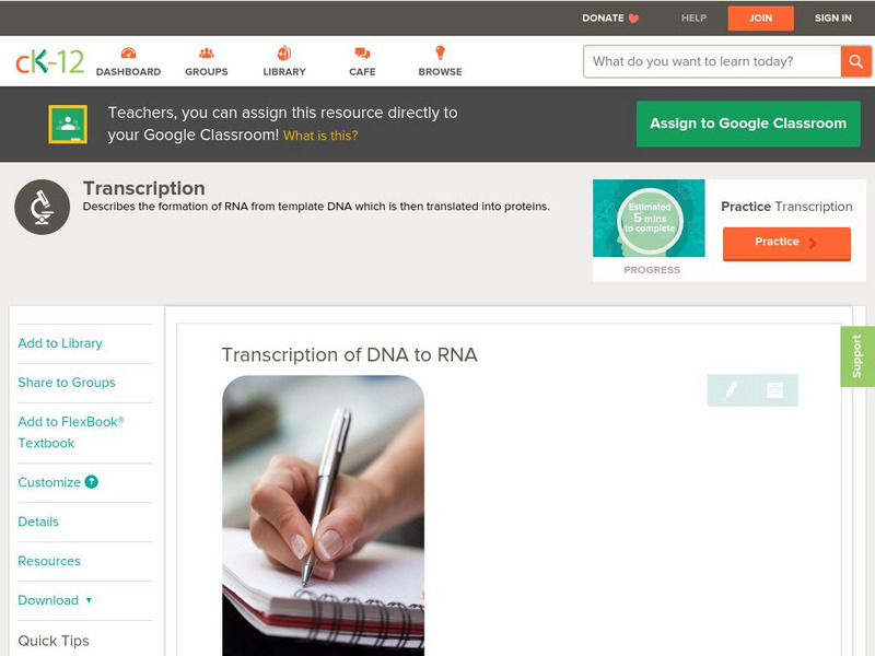 Ck 12: Life Science: Transcription of Dna to Rna Unit Plan Ck 12: Life Science: Transcription of Dna to Rna Unit Plan