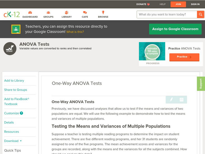 Ck 12: Statistics: One Way Anova Tests Unit Plan Ck 12: Statistics: One Way Anova Tests Unit Plan