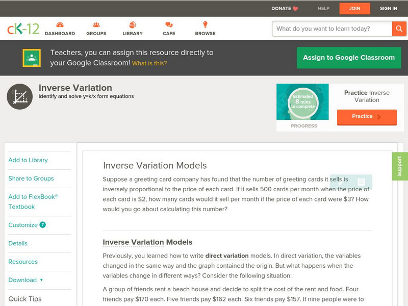 Ck 12: Algebra: Inverse Variation Models Unit Plan Ck 12: Algebra: Inverse Variation Models Unit Plan