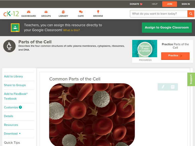 Ck 12: Biology: Common Parts of the Cell Unit Plan Ck 12: Biology: Common Parts of the Cell Unit Plan