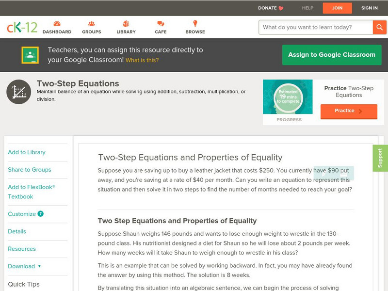 Ck 12: Algebra: Two Step Equations and Properties of Equality Unit Plan Ck 12: Algebra: Two Step Equations and Properties of Equality Unit Plan