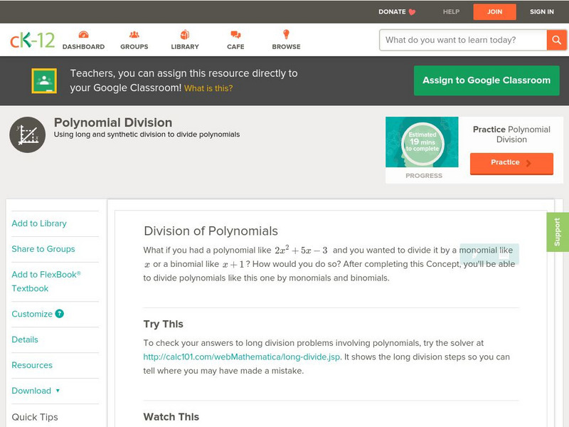 Ck 12: Algebra: Division of Polynomials Unit Plan Ck 12: Algebra: Division of Polynomials Unit Plan