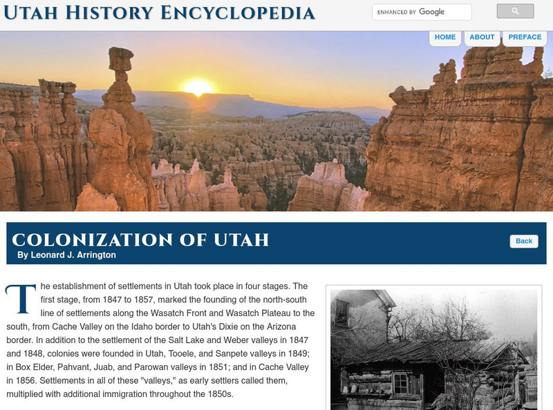 Uen: Utah History Encyclopedia: Colonization of Utah Handout Uen: Utah History Encyclopedia: Colonization of Utah Handout