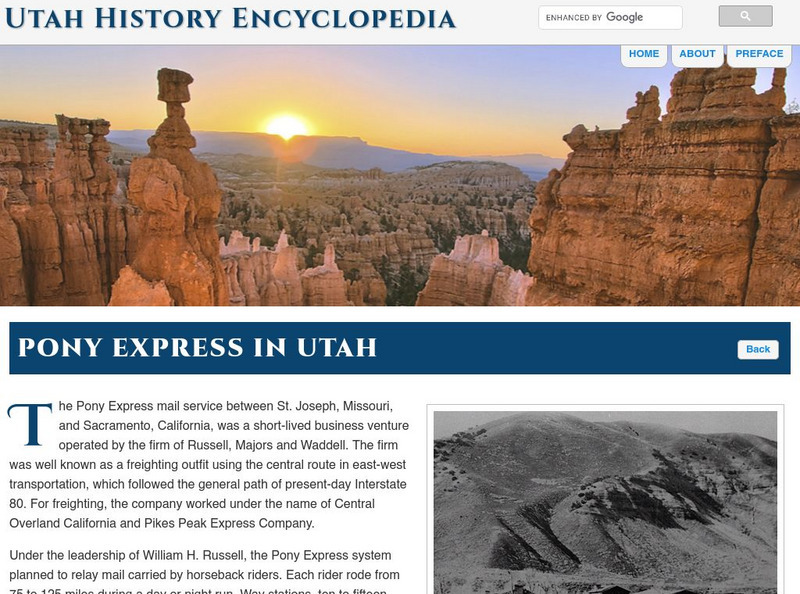 Uen: Utah History Encyclopedia: Pony Express in Utah Handout Uen: Utah History Encyclopedia: Pony Express in Utah Handout