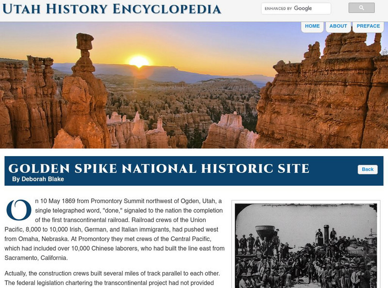 Uen: Utah History Encyclopedia: Golden Spike National Historic Site Handout Uen: Utah History Encyclopedia: Golden Spike National Historic Site Handout