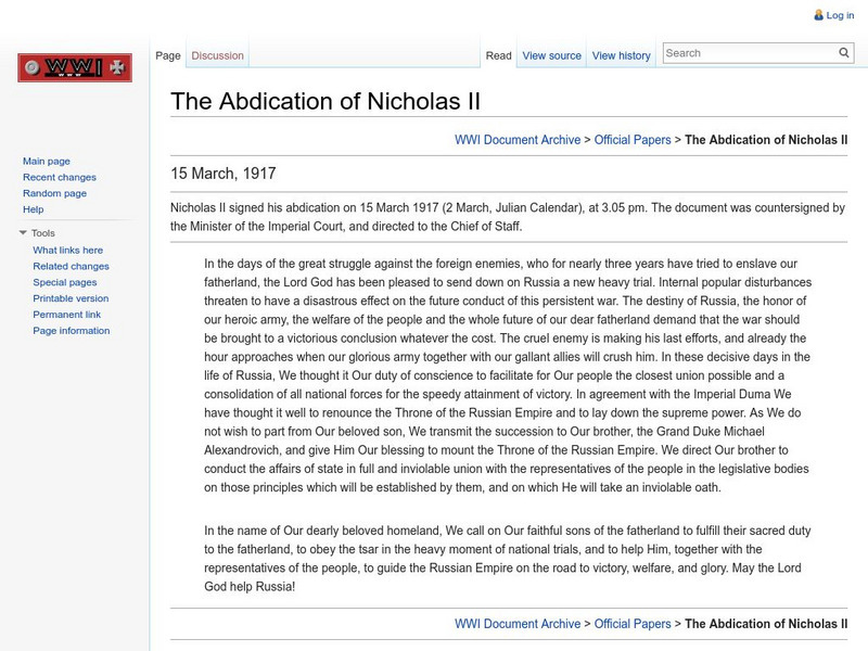 Brigham Young University: Wwi Document Archive: Abdication of Nicholas Ii Primary